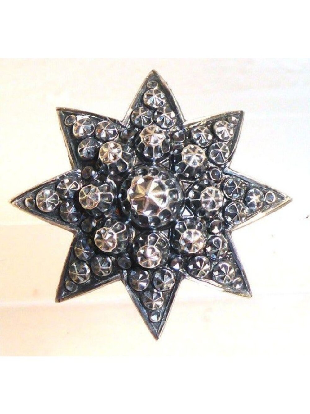 Antique Victorian 3-Tier Cut Steel Star Brooch 8 Point Celestial Dome Pin 1.5"